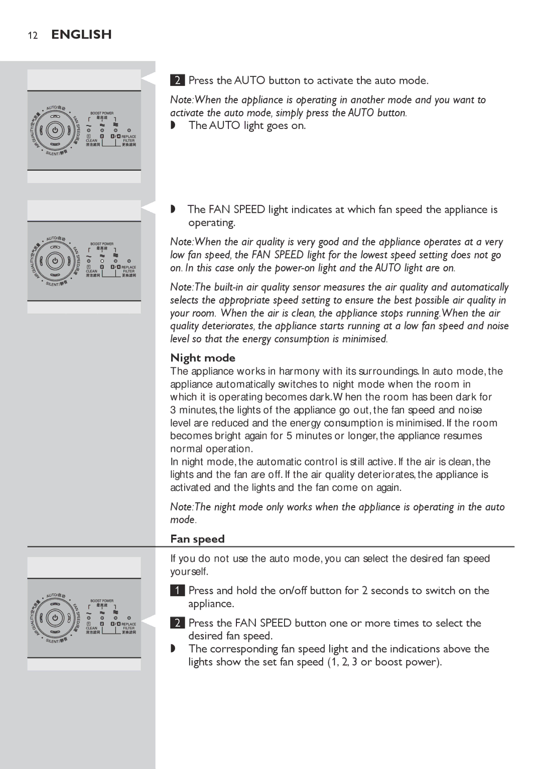 Philips AC4072, AC4074 user manual Night mode, Fan speed 